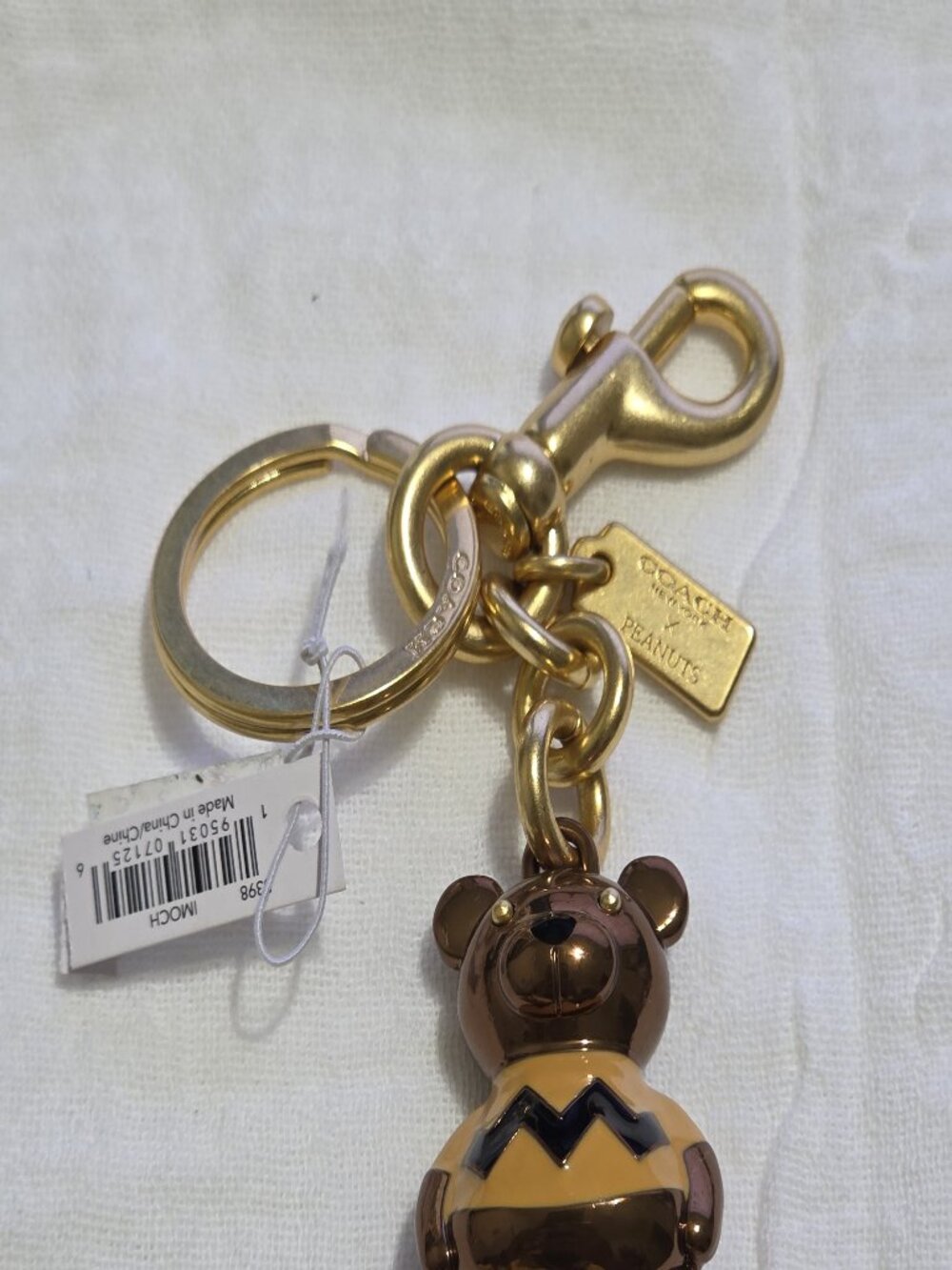 NWT COACH X PEANUTS Charlie Brown Bear Keyring/ Bag Charm #5398- Bronze Gold